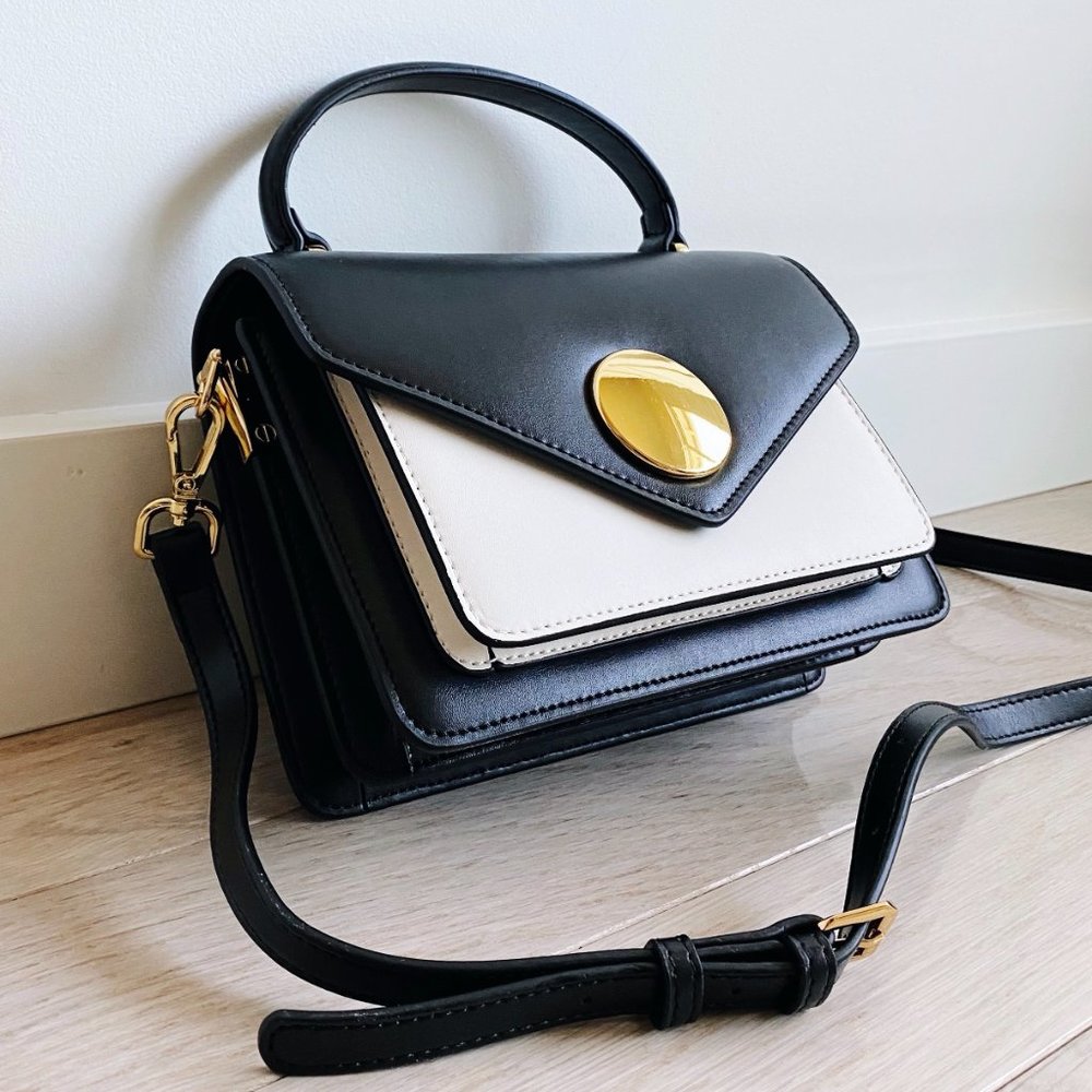 The June Genuine Leather Satchel - Black/White - Picture 5 of 13